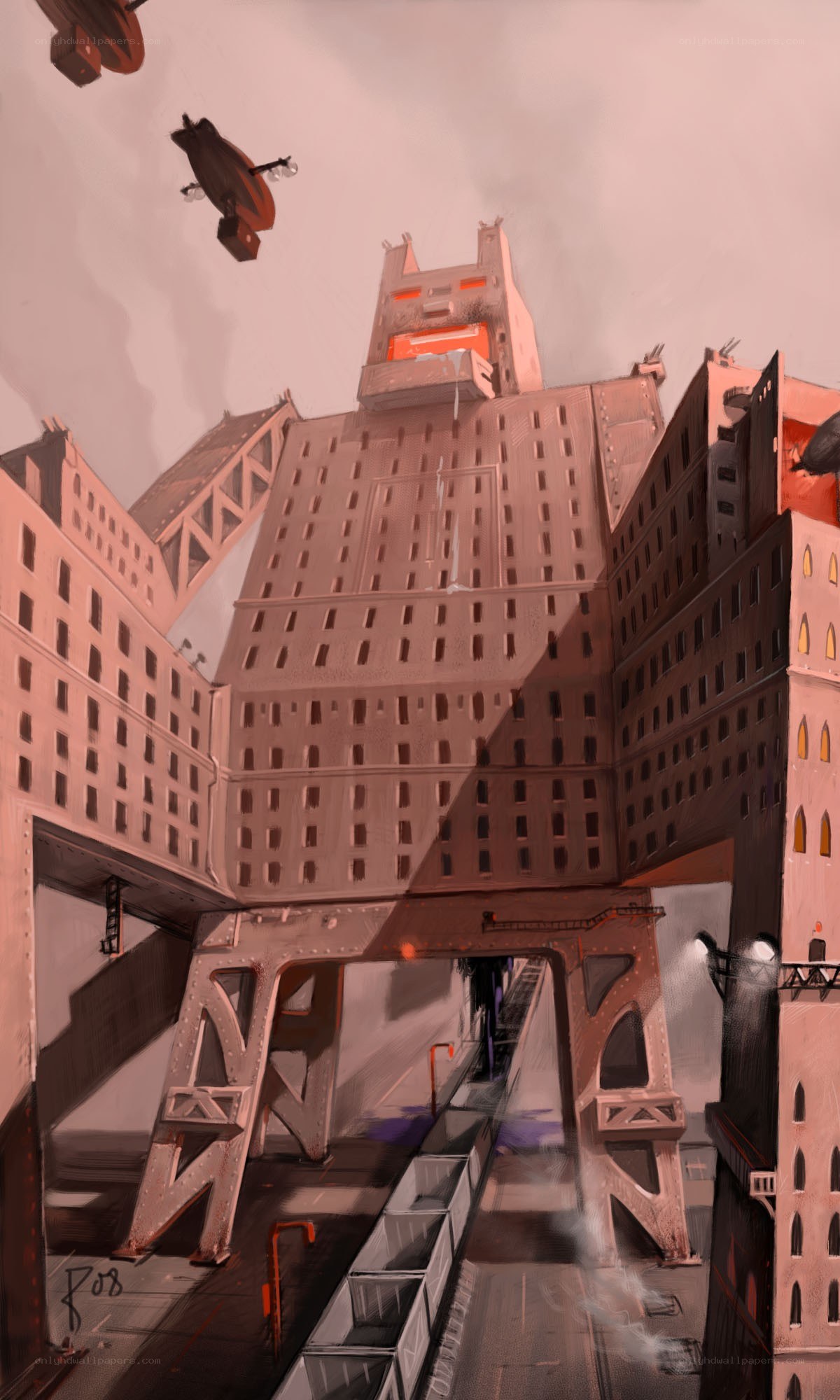 futuristic cityscape with airships