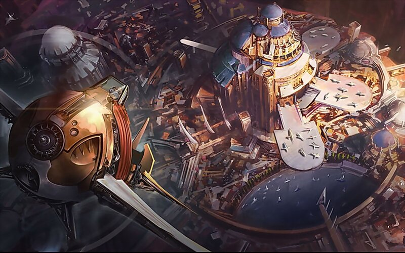 futuristic cityscape with airships