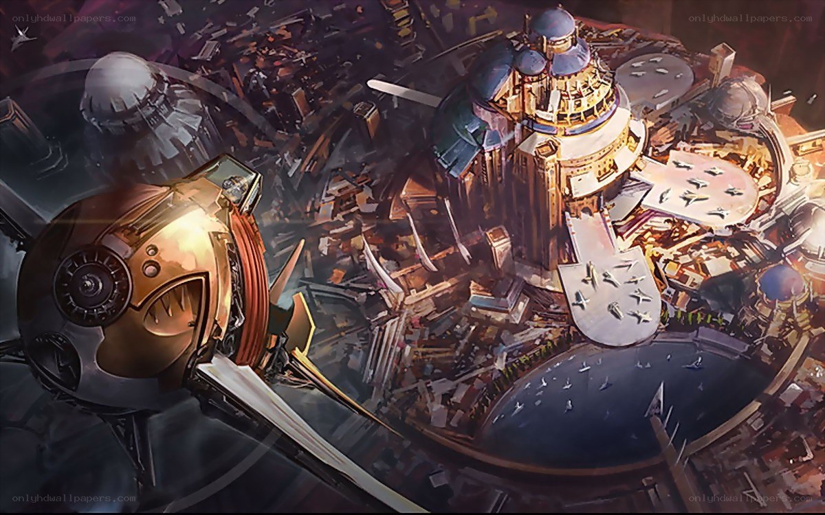 futuristic cityscape with airships