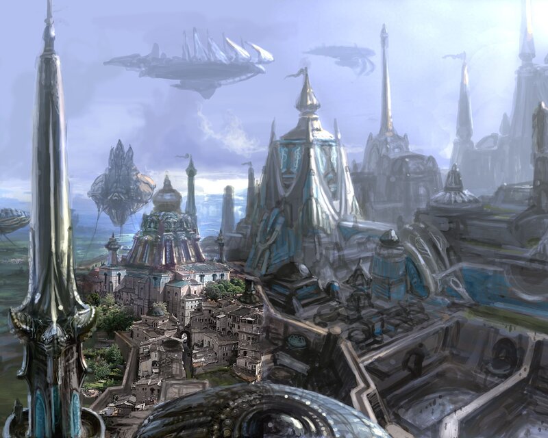 futuristic cityscape with airships
