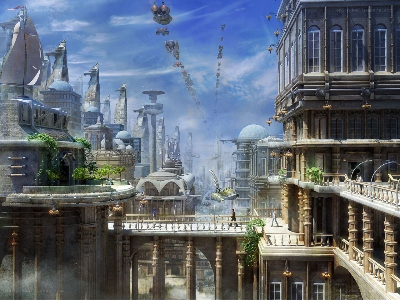 futuristic cityscape with airships