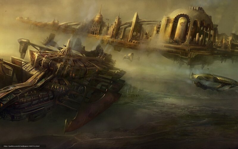 futuristic cityscape with airships