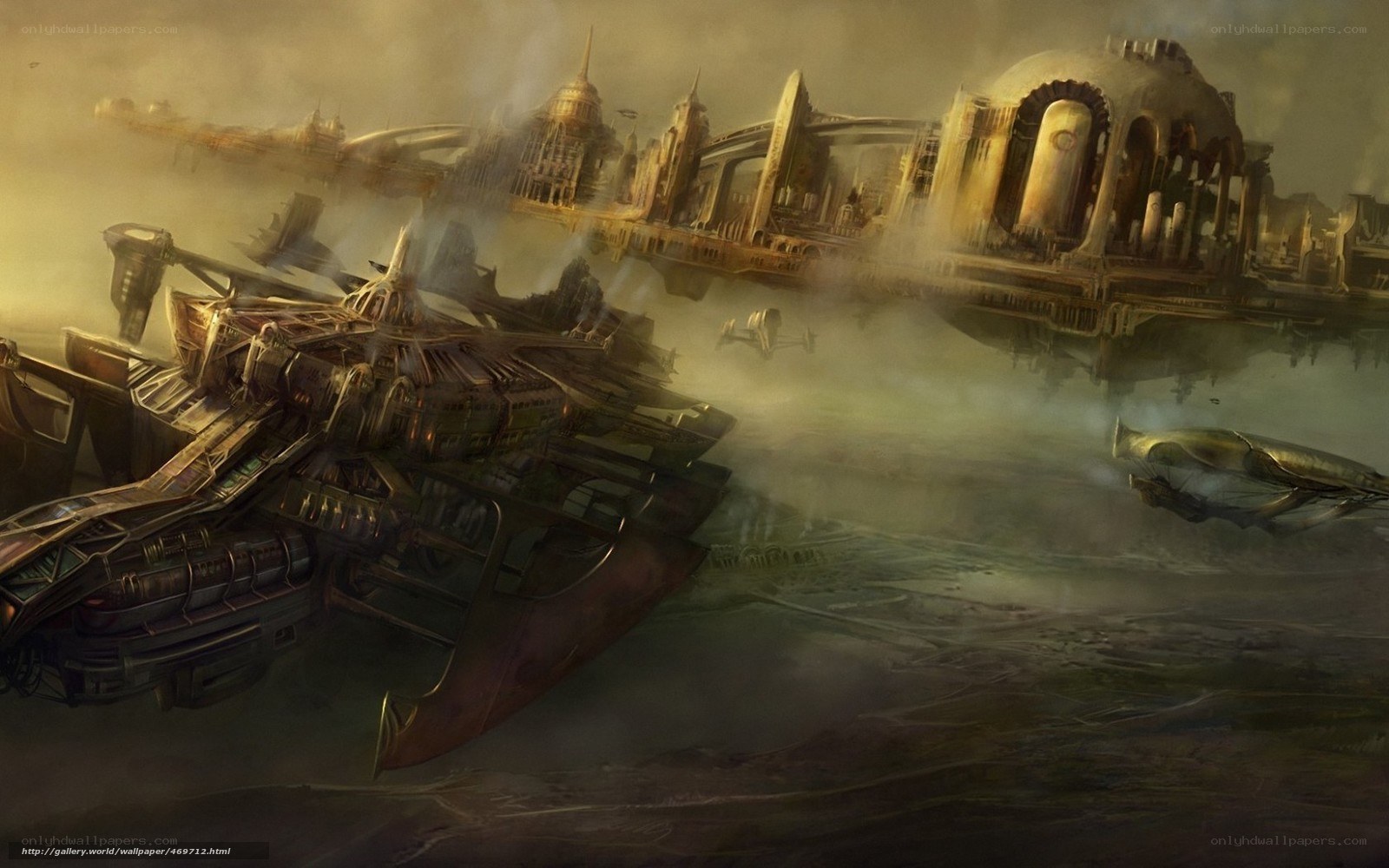 futuristic cityscape with airships