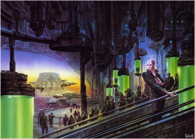 Futuristic cityscape with alien figures