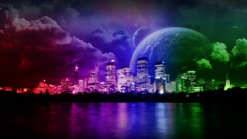 futuristic cityscape with alien planet