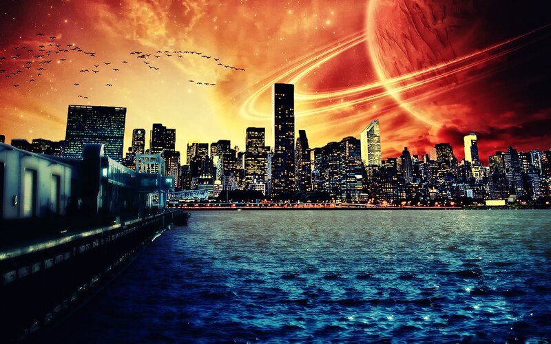futuristic cityscape with alien planet