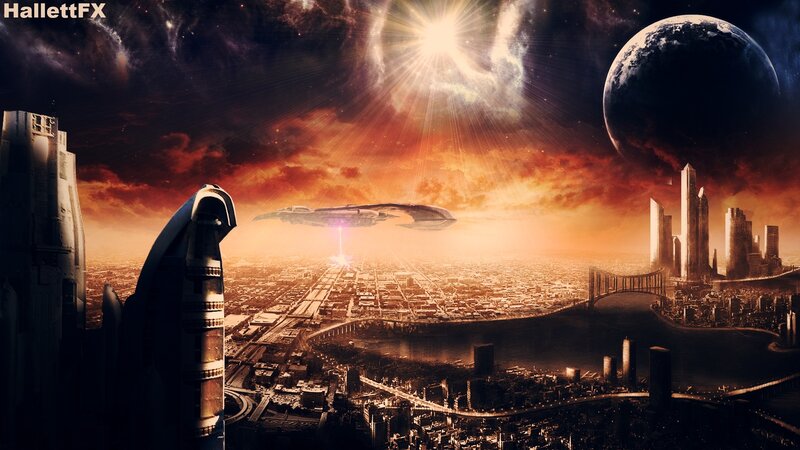 futuristic cityscape with alien ship