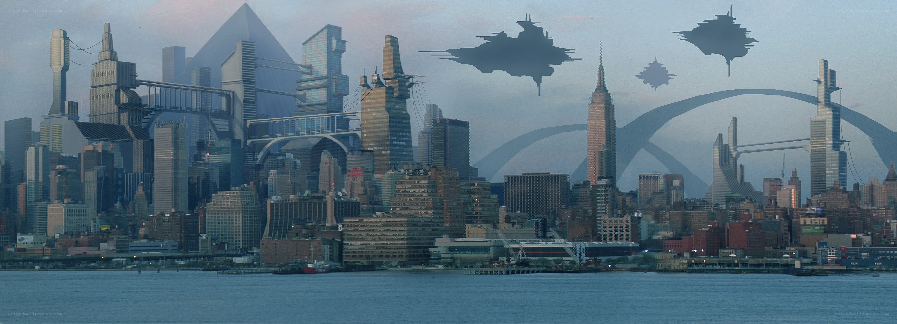 futuristic cityscape with alien ships