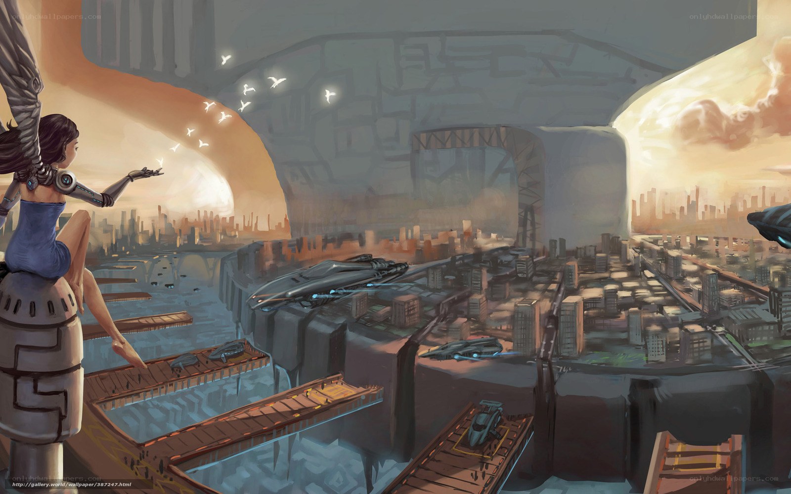 futuristic cityscape with angelic figure