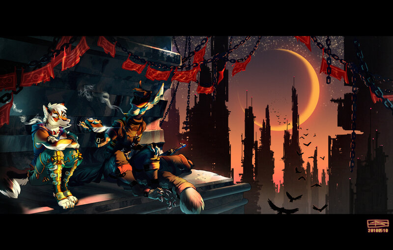 Futuristic cityscape with anthropomorphic characters