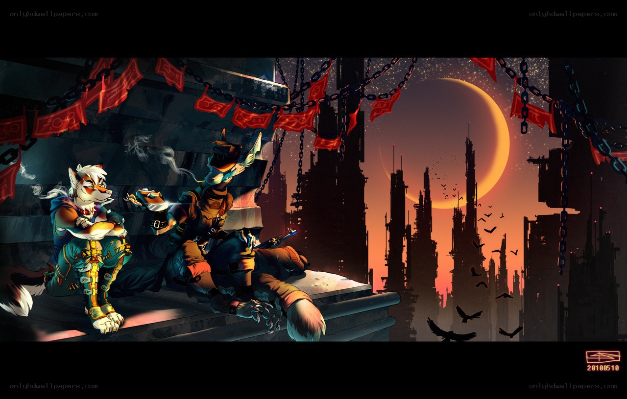 Futuristic cityscape with anthropomorphic characters