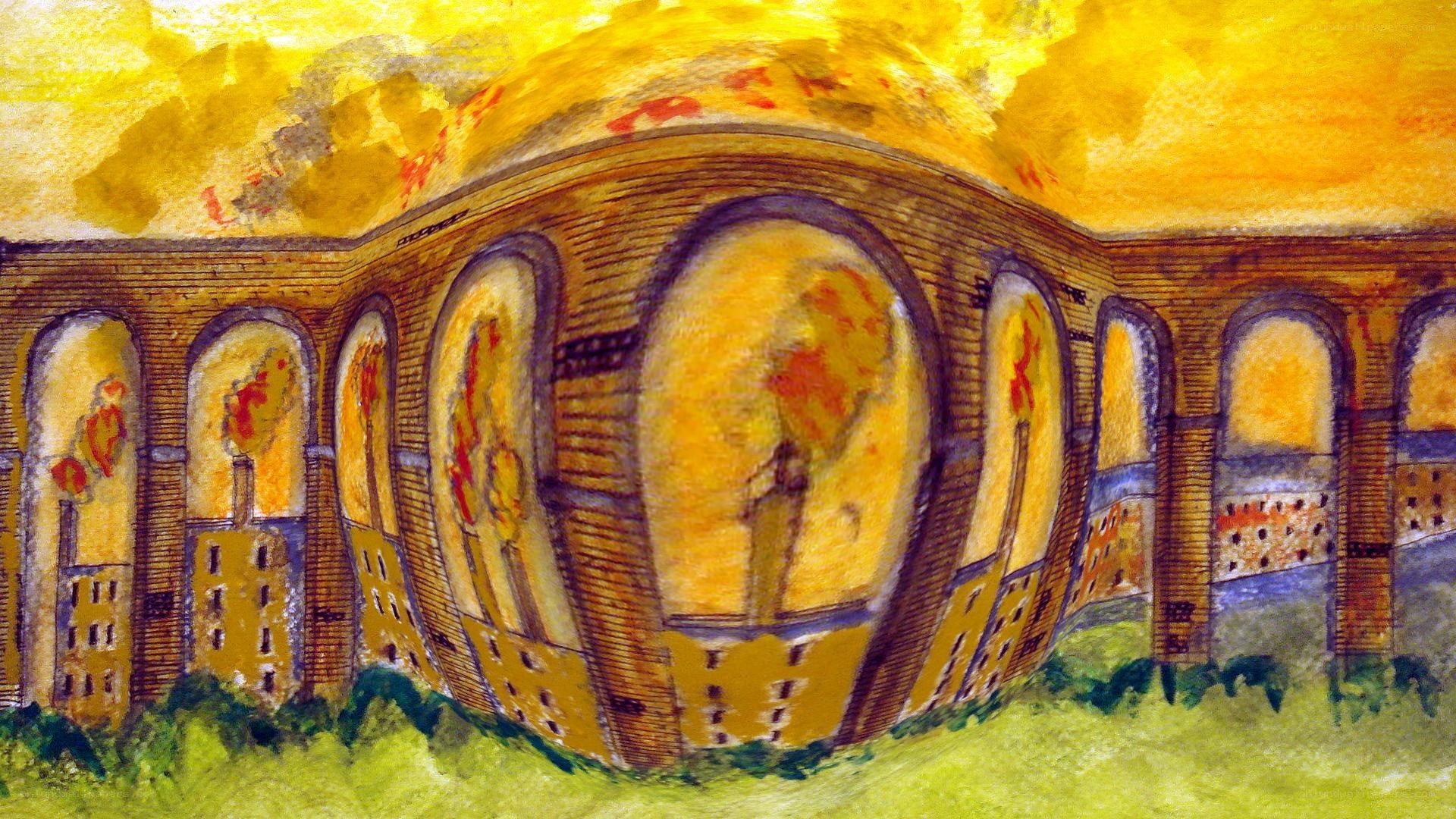 Futuristic cityscape with arches