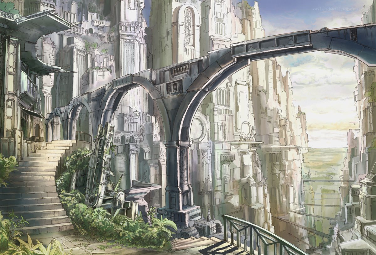 futuristic cityscape with arches