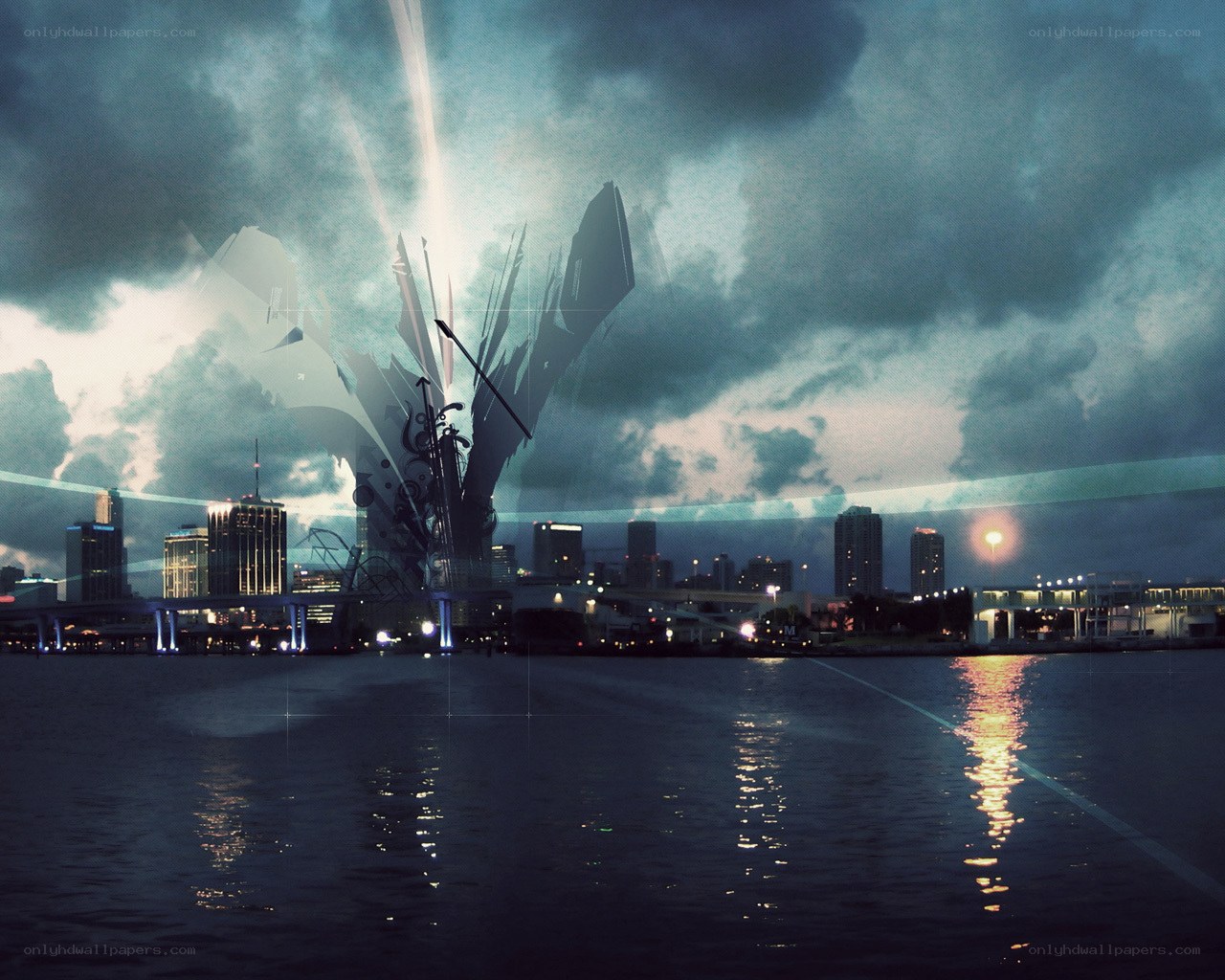 Futuristic cityscape with beam