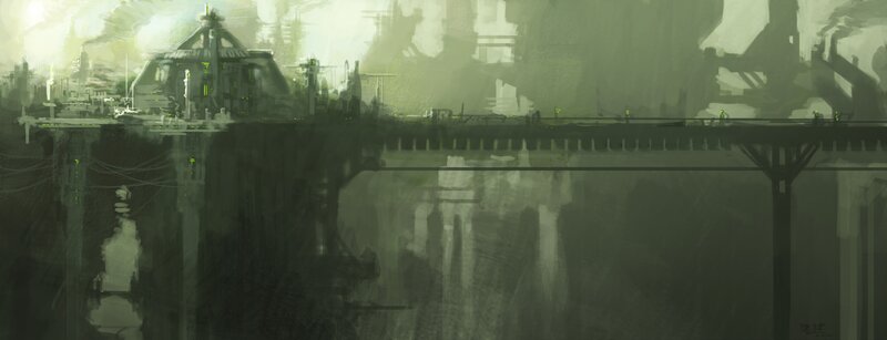 futuristic cityscape with bridge