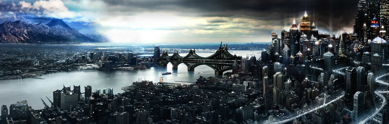 futuristic cityscape with bridge