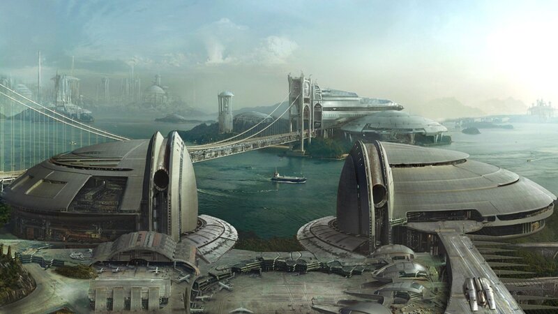 futuristic cityscape with bridge