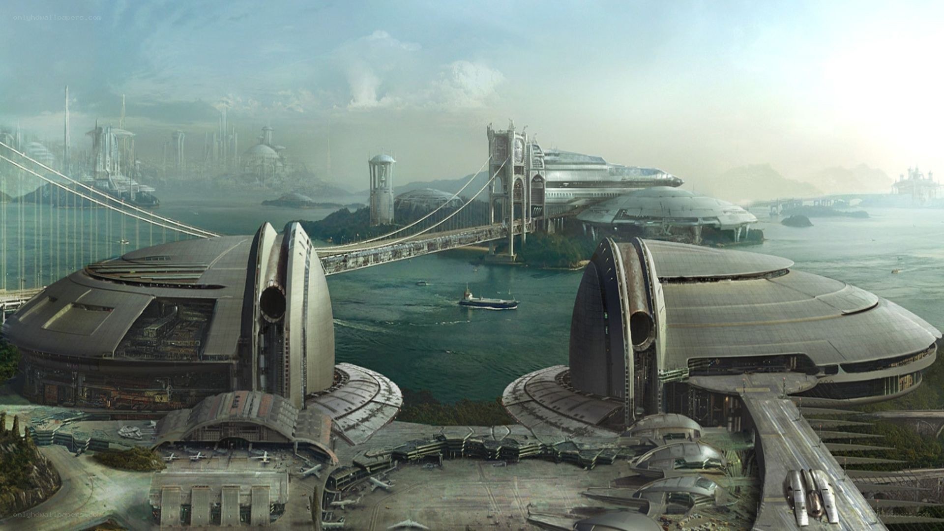 futuristic cityscape with bridge