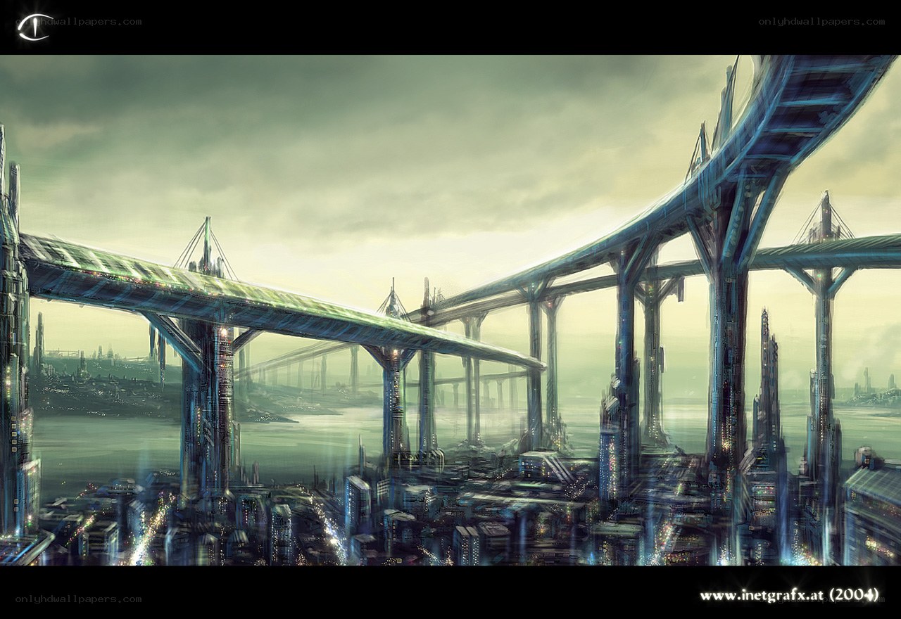 futuristic cityscape with bridges