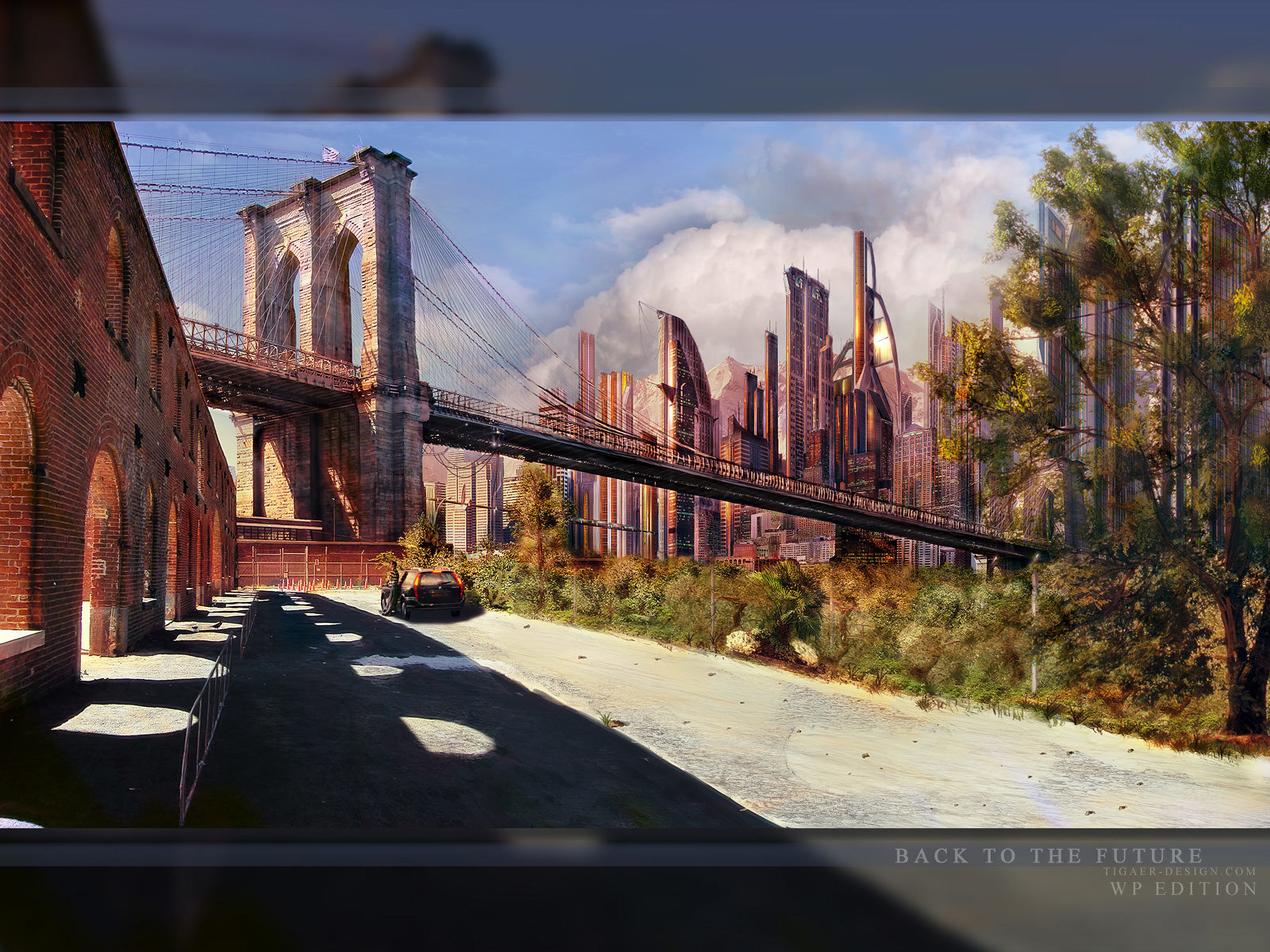 Futuristic cityscape with Brooklyn Bridge