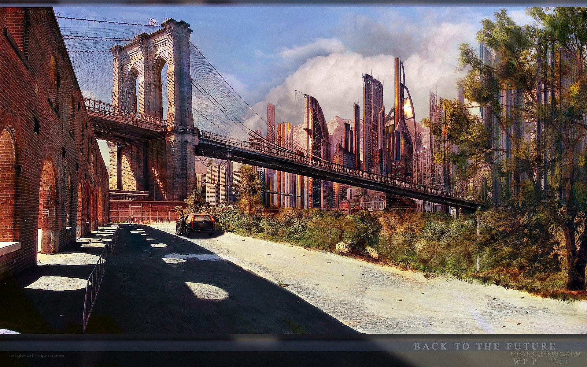 Futuristic cityscape with Brooklyn Bridge