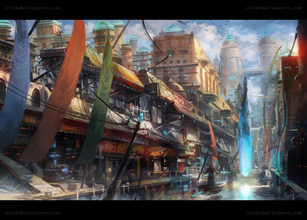 futuristic cityscape with canals