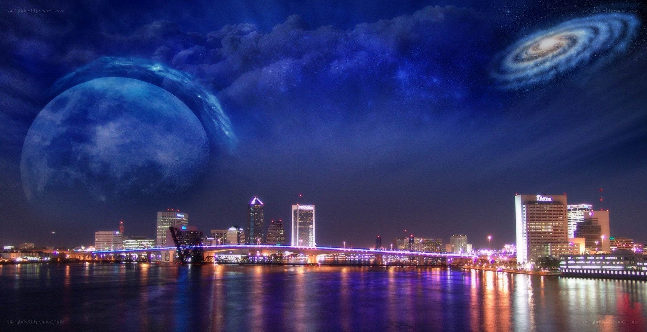 Futuristic cityscape with celestial bodies