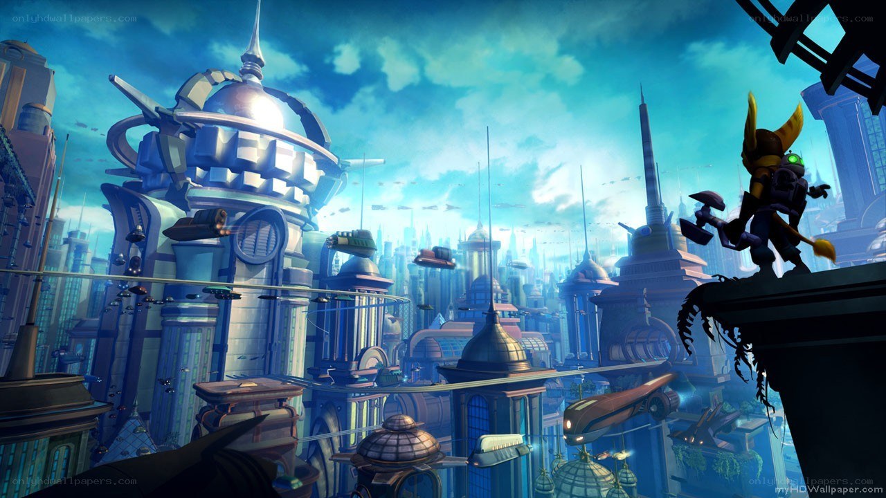 futuristic cityscape with character