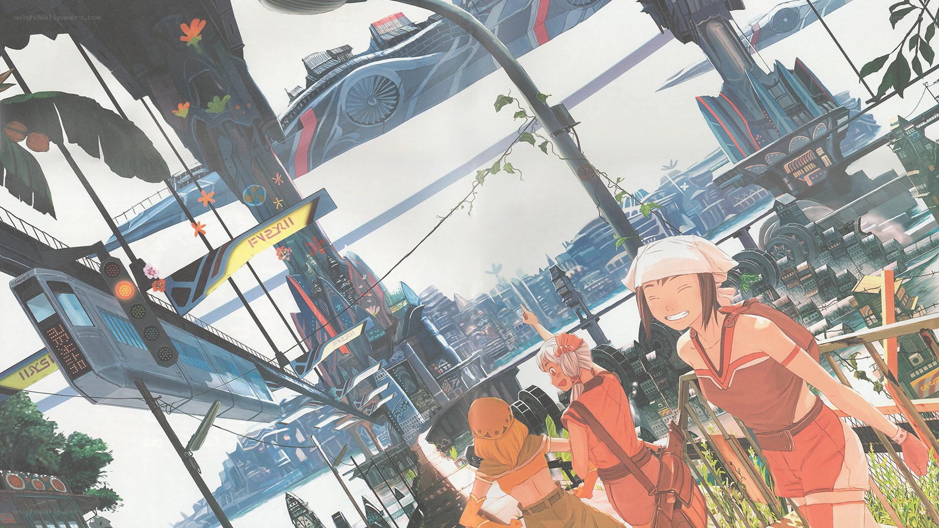 futuristic cityscape with characters