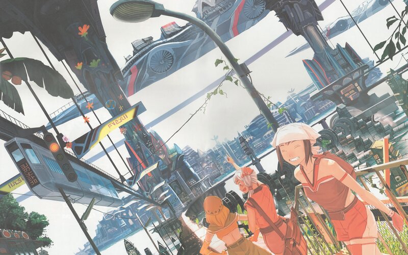 futuristic cityscape with characters