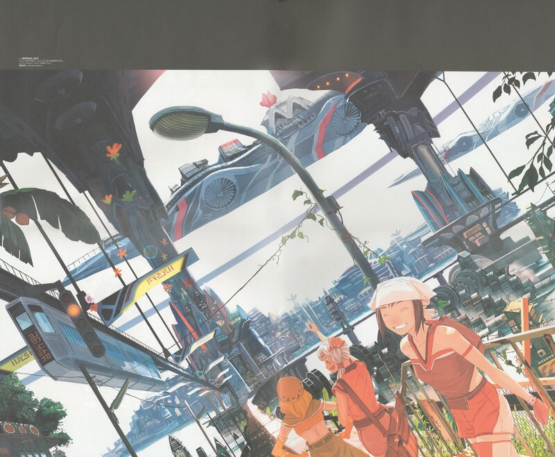 futuristic cityscape with characters