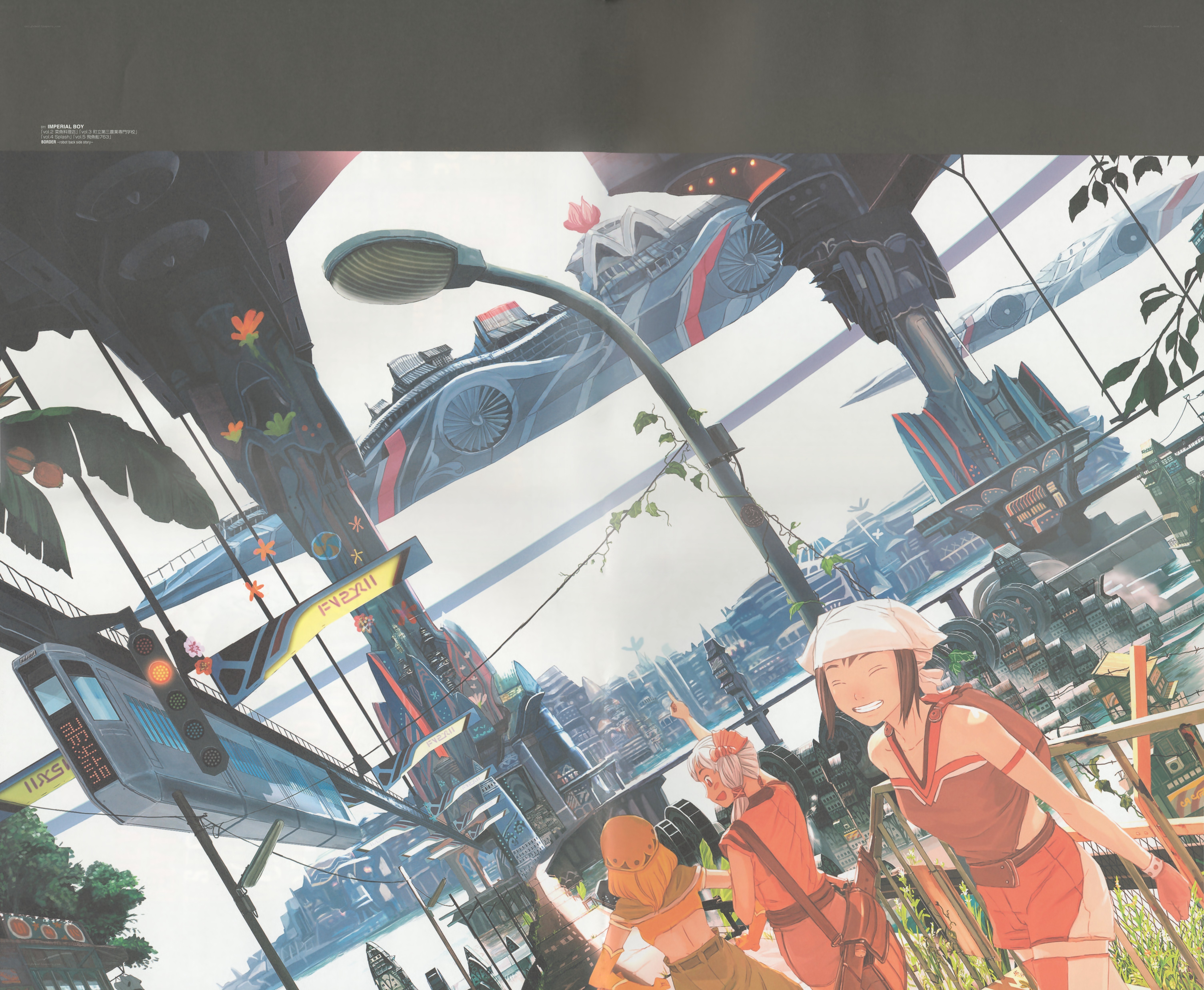 futuristic cityscape with characters