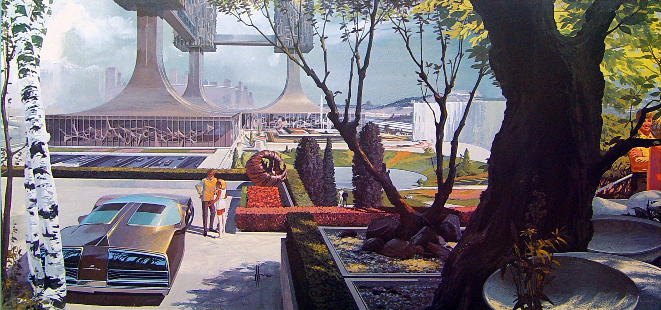 Futuristic cityscape with classic car