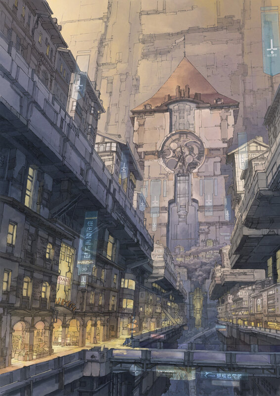 futuristic cityscape with clock tower