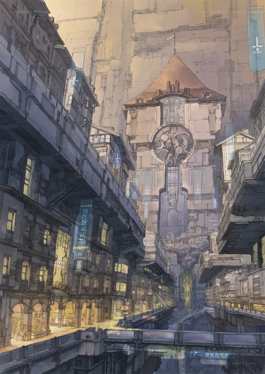 futuristic cityscape with clock tower