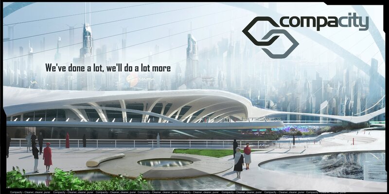 futuristic cityscape with compacity logo