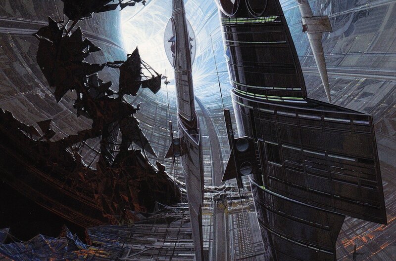 futuristic cityscape with damaged structures