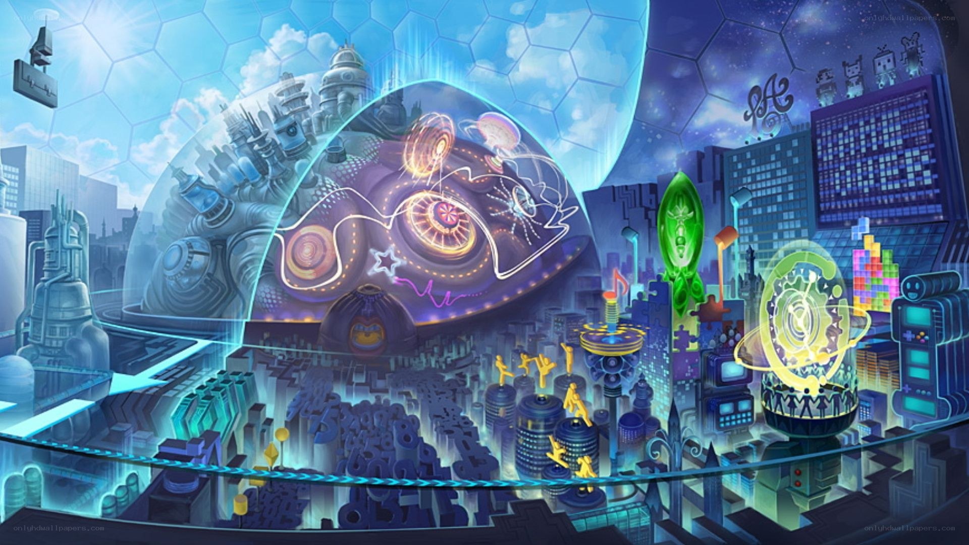 futuristic cityscape with digital elements