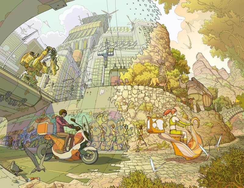 futuristic cityscape with diverse characters