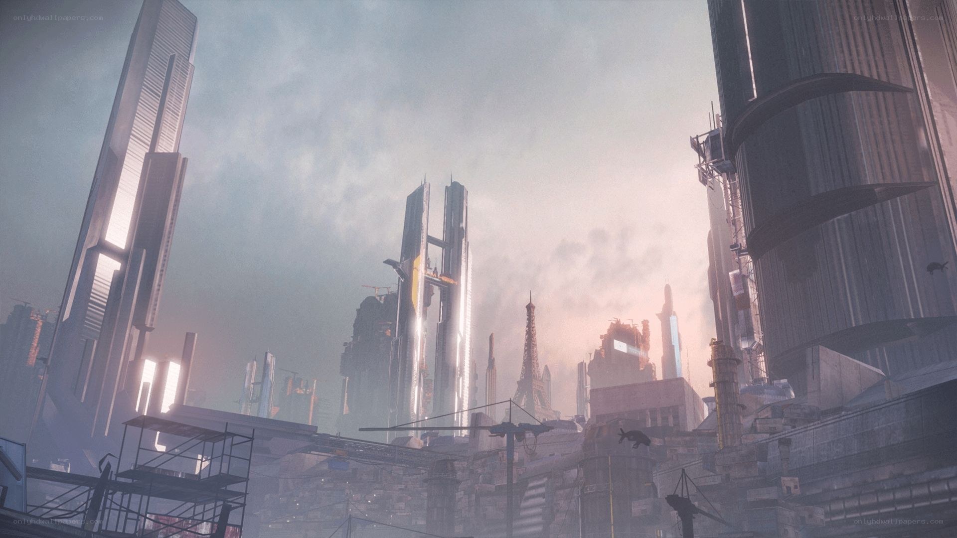 futuristic cityscape with Eiffel Tower