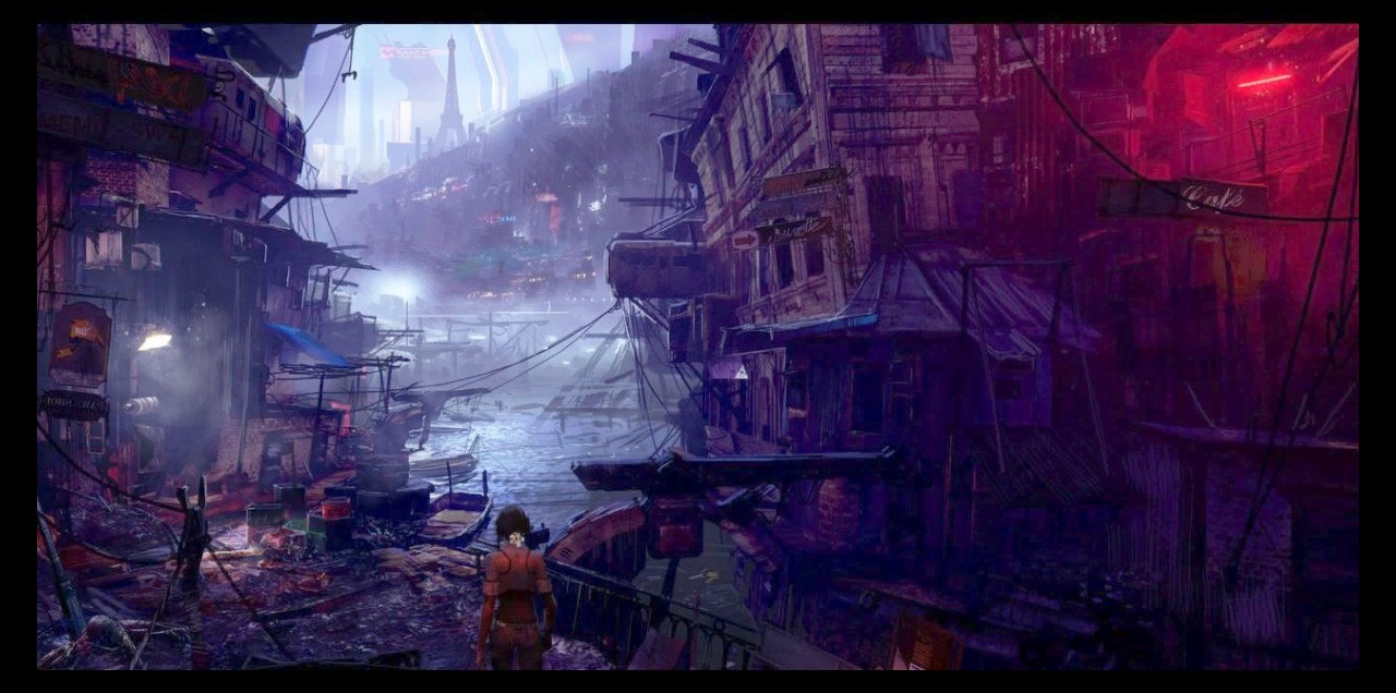 futuristic cityscape with Eiffel Tower