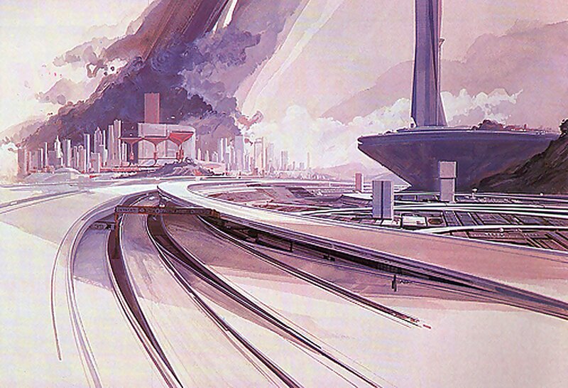 futuristic cityscape with elevated tracks