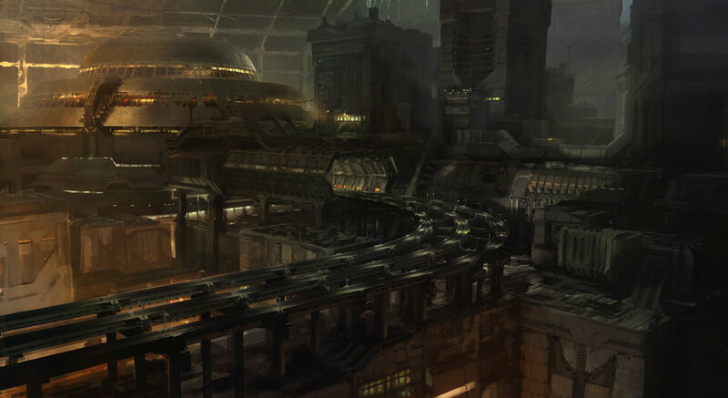 futuristic cityscape with elevated tracks