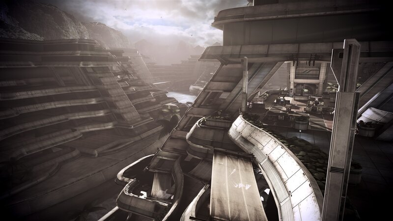 futuristic cityscape with elevated walkways