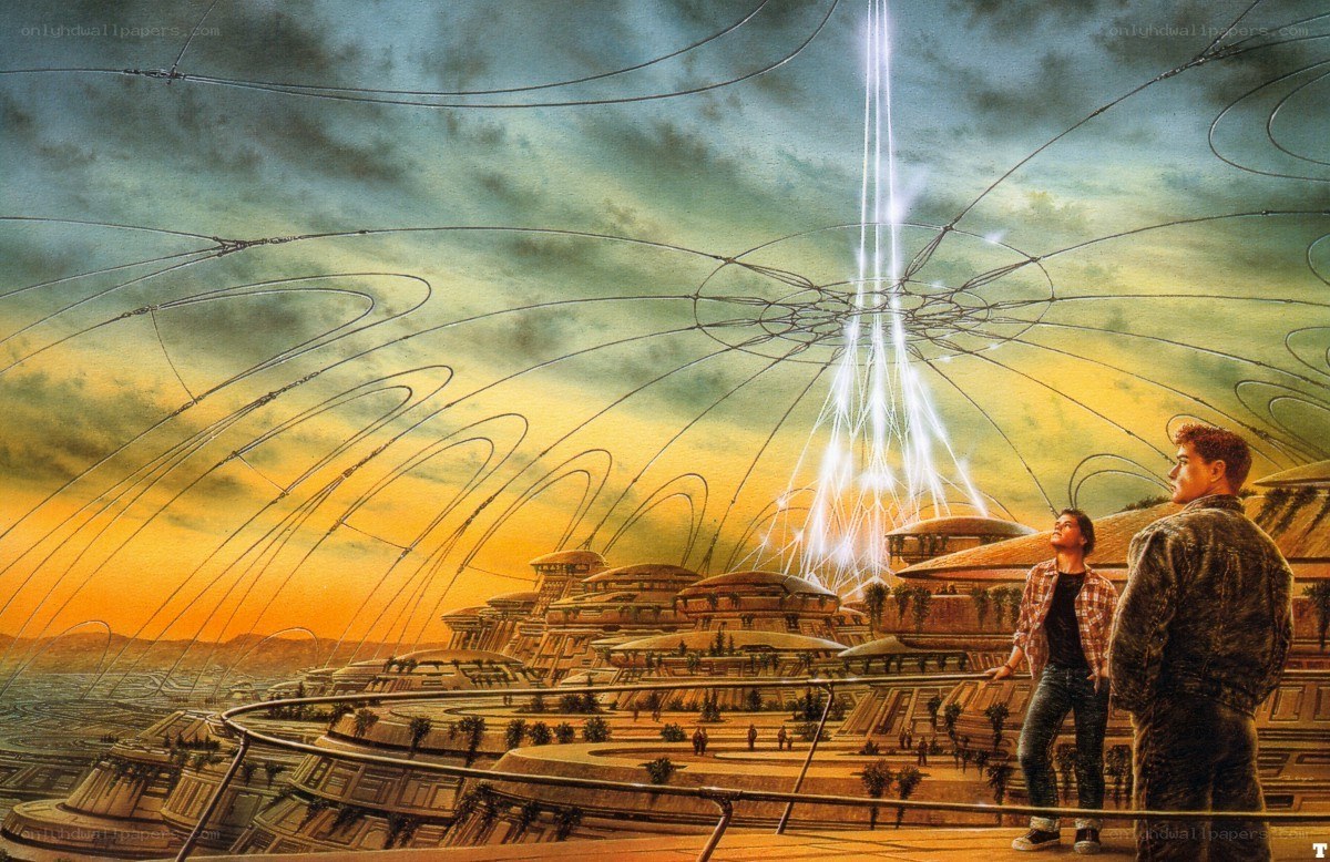futuristic cityscape with energy beam