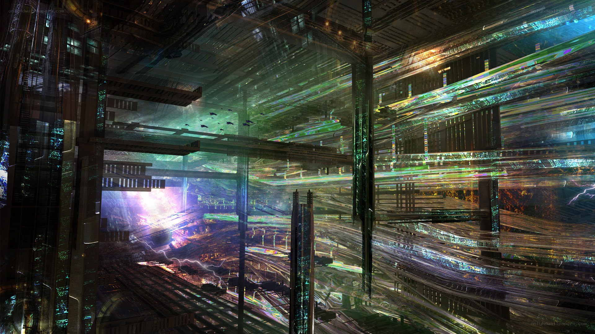 futuristic cityscape with energy beams
