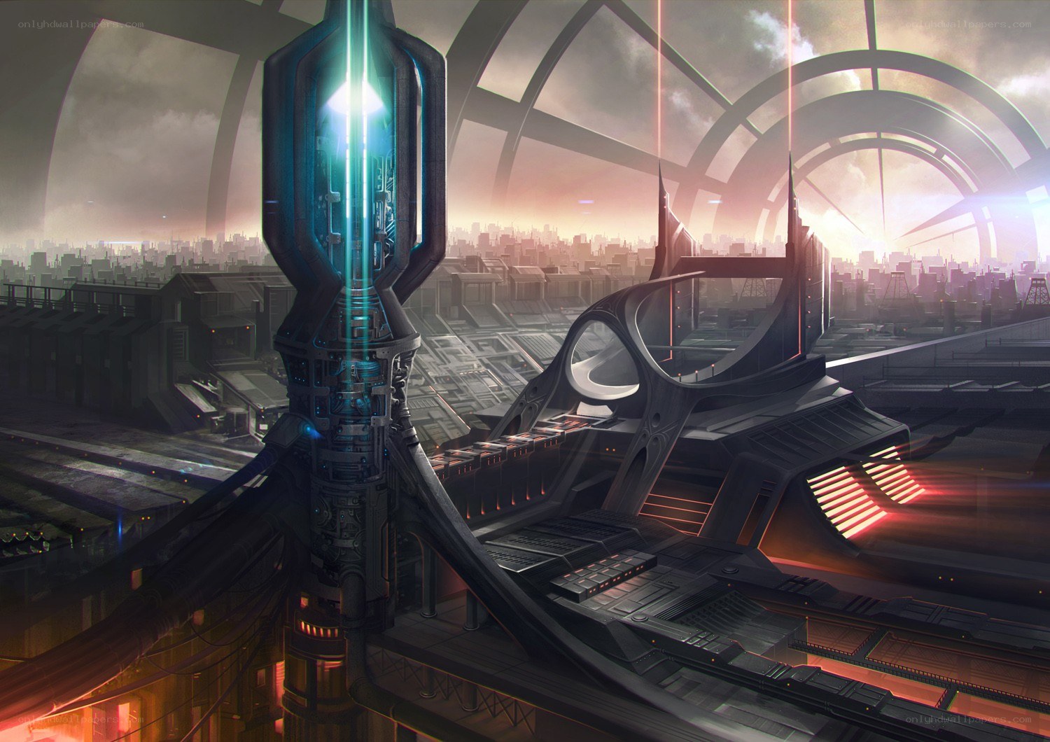 futuristic cityscape with energy tower