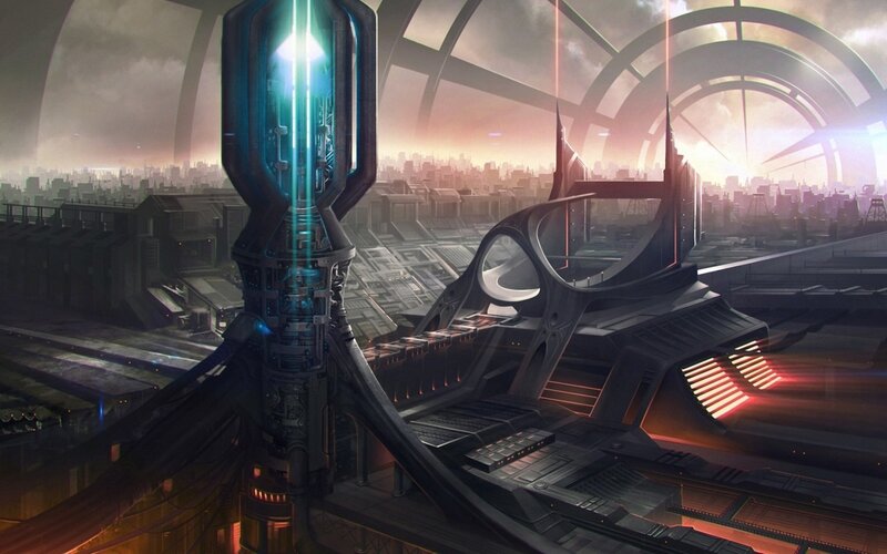 futuristic cityscape with energy tower