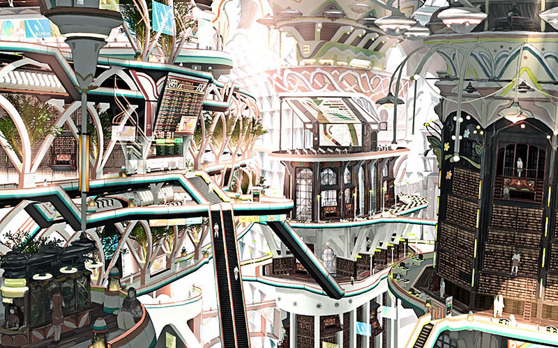 futuristic cityscape with escalators