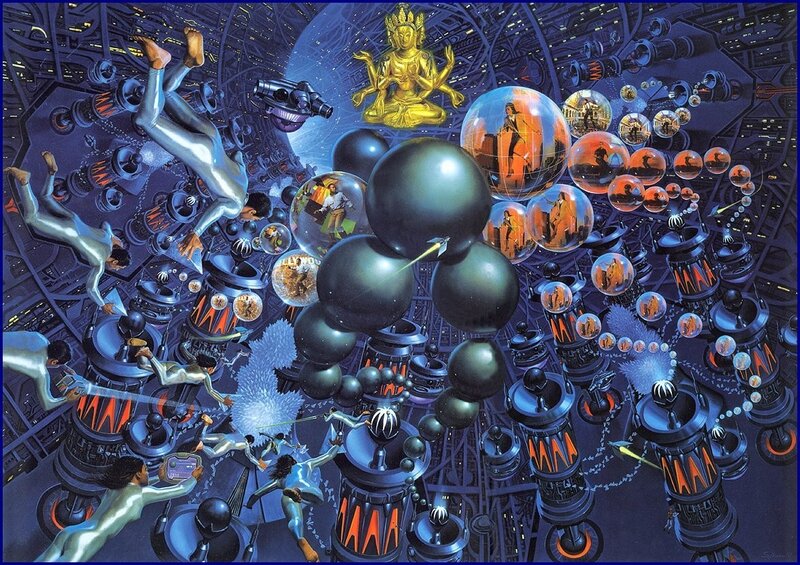Futuristic Cityscape with Figures — Blue